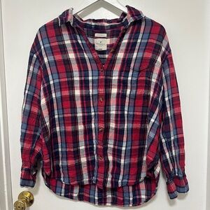 American Eagle Flannel Oversized Fit Plaid Soft Button Down Long Sleeve